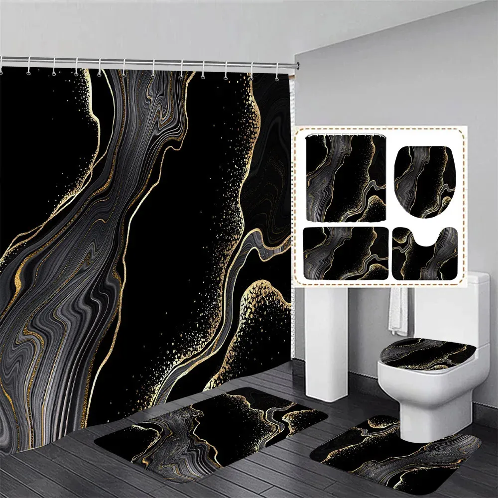 Juego de cortinas de ducha de mármol negro, líneas doradas, patrón texturizado abstracto, decoración moderna para el baño, alfombra antideslizante, alfombrillas de baño, cubierta para inodoro 240222
