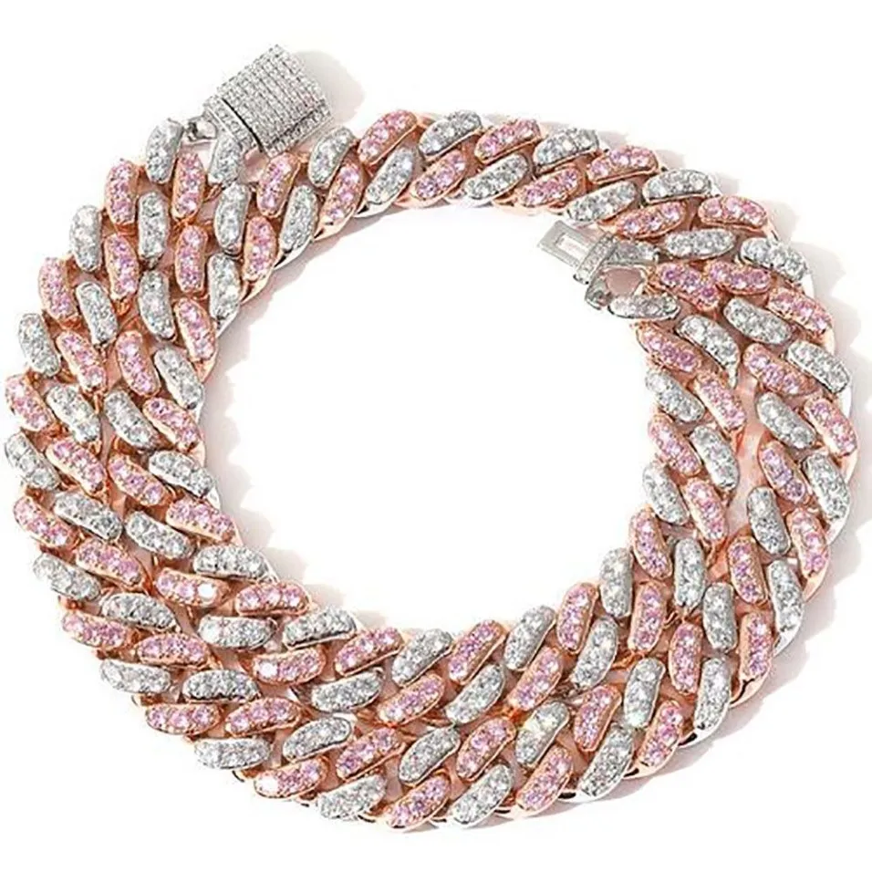 Collier ras du cou cubain rose glacé de 12 mm, lien cubain en argent et or rose avec diamants roses blancs, bijoux en zircone cubique, 7 pouces-24 pouces260e