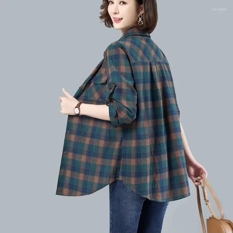 Blouses pour femmes 2024 décontracté élégant femmes chemises col Polo à la mode à manches longues en vrac Plaid impression haute qualité hauts T224