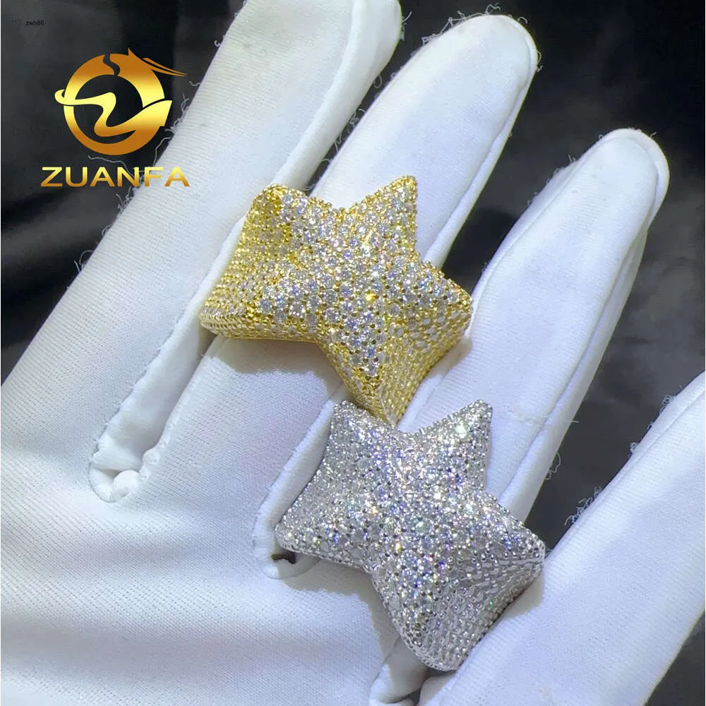 Projektant biżuterii Zuanfa Full Moissanite Pave Rapper Pierścień 925 Srebrna gwiazda