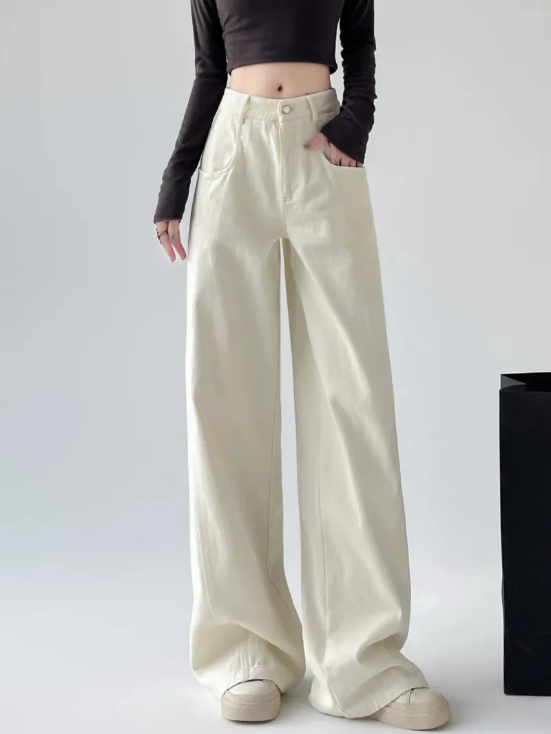 Jeans pour femmes lâche beige jambe large femme décontracté pleine longueur pantalon en denim streetwear printemps 2024