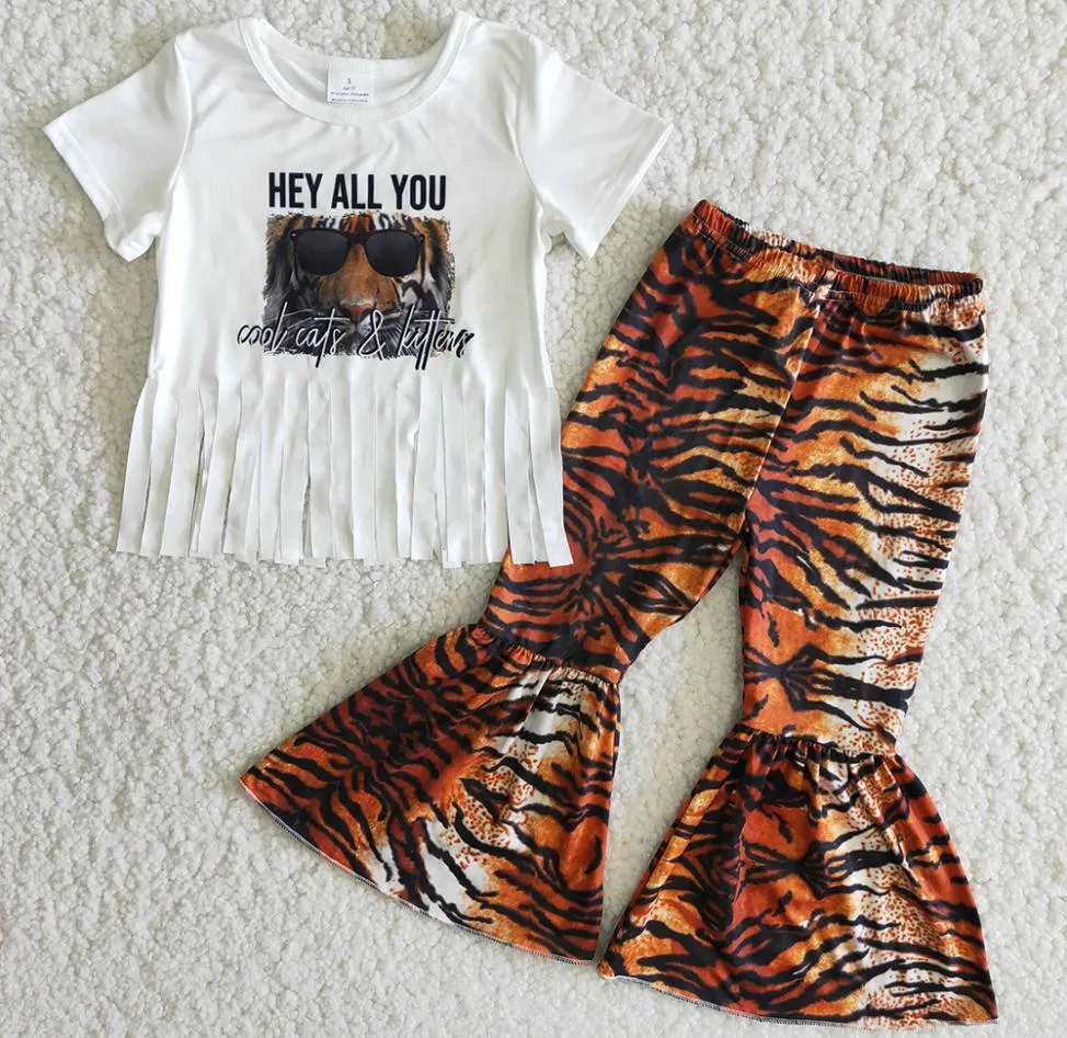2021 Fashion Whole Toddler Baby Girls Designer Clothes Boutique Bell Bottom Pants Outfits Tiger Print Tassel Decoration Girls 9206337