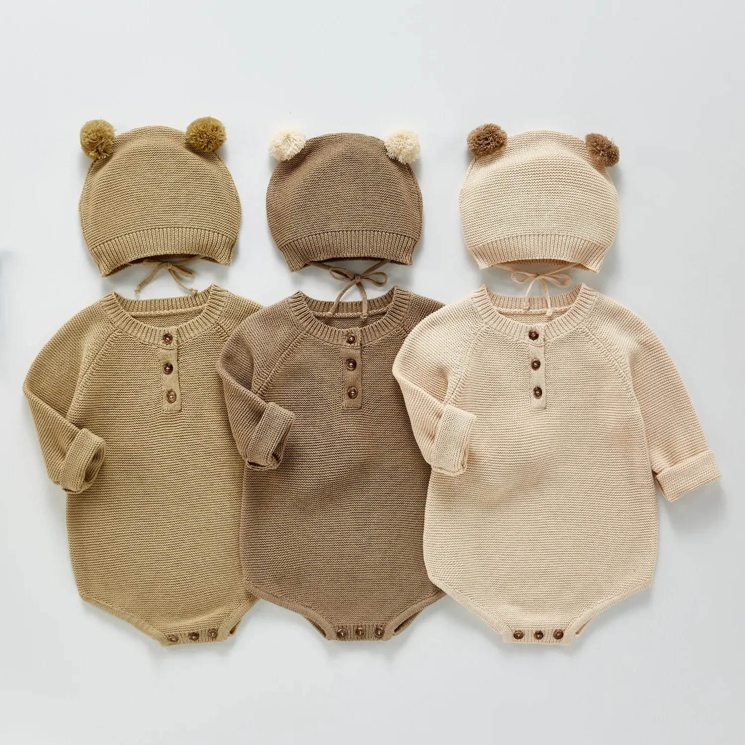 Jackets Baby Bodysuits Hats Clothes Sets Autumn Solid Plain Long Sleeve Newborn Boys Girls Cotton Knitted Onesie Cap 2pcs Outfits Winter