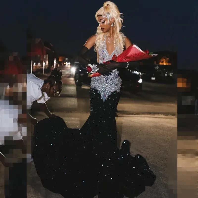 Elegant Black Prom -jurken 2024 SILVER SILVER RIEDESTONE PACKIN MEMAID Feestjurken avondjurk Vestidos de festa