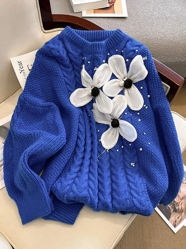 Women's Sweaters Fashion Handmade Pearls Beading Diamond Big Flower Sweater Loose Stitching Floral Twist Pullover Jumpers Tops