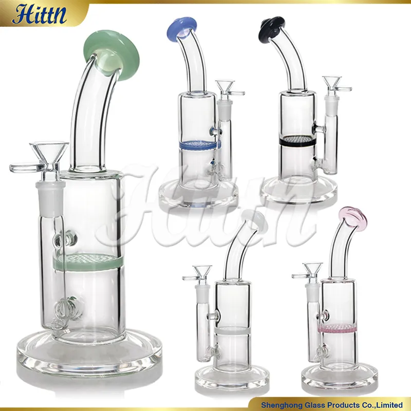 2024 New Glass Bong Water Pipe Honeycomb Percolator Bong Bubbler Pipe with 14mm Bowl 9 Inches 5mm Thick Hand Blown Bong for Smoking