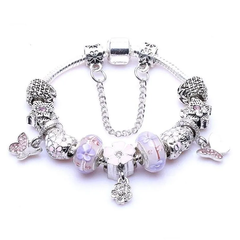 Charm Bracelets Fashion 925 Sterling Sier Pink Murano Lampwork Glass European Charm Beads Five Petals Flower Butterfly Dangle Fits Pa Dh318