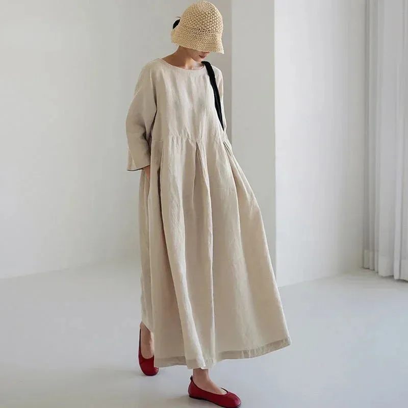 Vintage gevşek pamuk keten elbise kadınlar yaz basit zarif aline kazak kadın rahat oneck katı maxi robe 240226