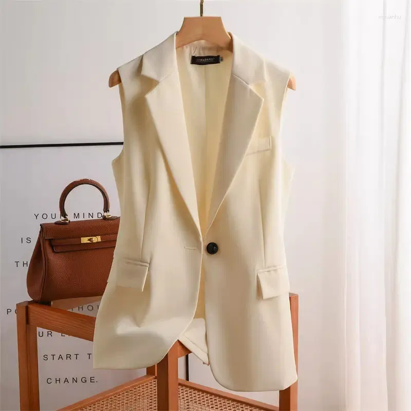 Women's Suits Waistcoat 2024 Korean Spring And Autumn Beige Suit Vest Casual Sleeveless Slim Fit Fashion One Button Blazer Jacket K068