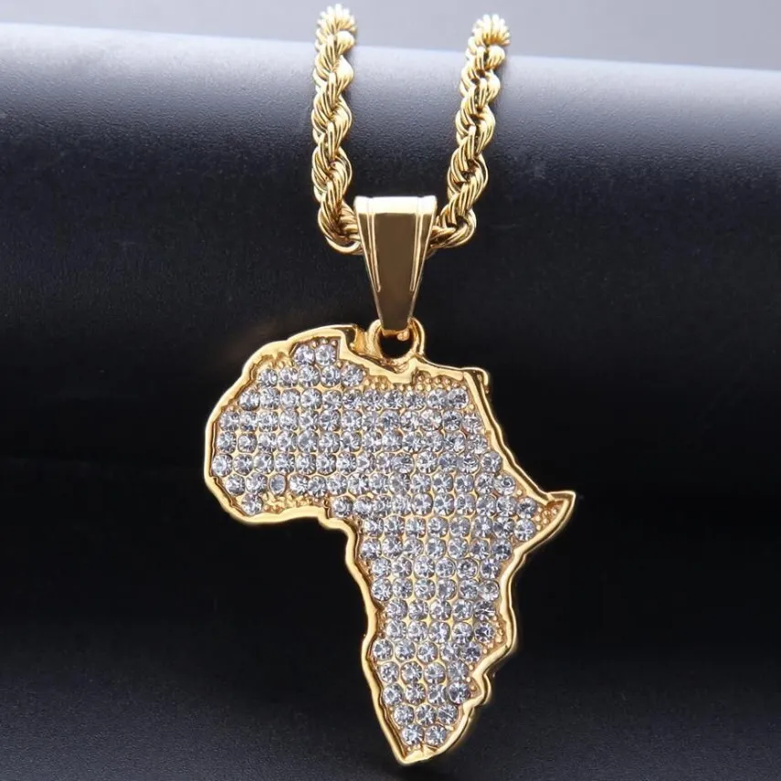 Hip Hop Afrikaanse kaarten volledige boor hanger kettingen 14kK vergulde set Auger Crystal roestvrij stalen ketting heren vrouwen sieraden G3221