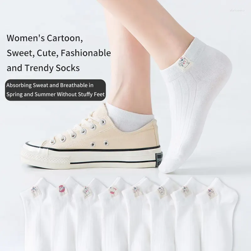 Женские носки, 8 пар, белые, простые, однотонные, с рисунком кота, модные, милые, удобные, с низким верхом, тканевая этикетка