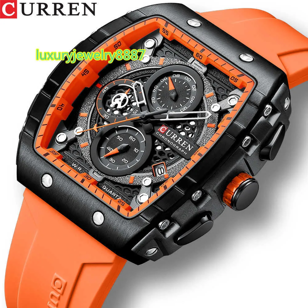 Curren 8442 Män tittar på Top Luxury Waterproof Quartz Square -handledsklockor för män Datum Sport Silikonklocka Male Montre Homme