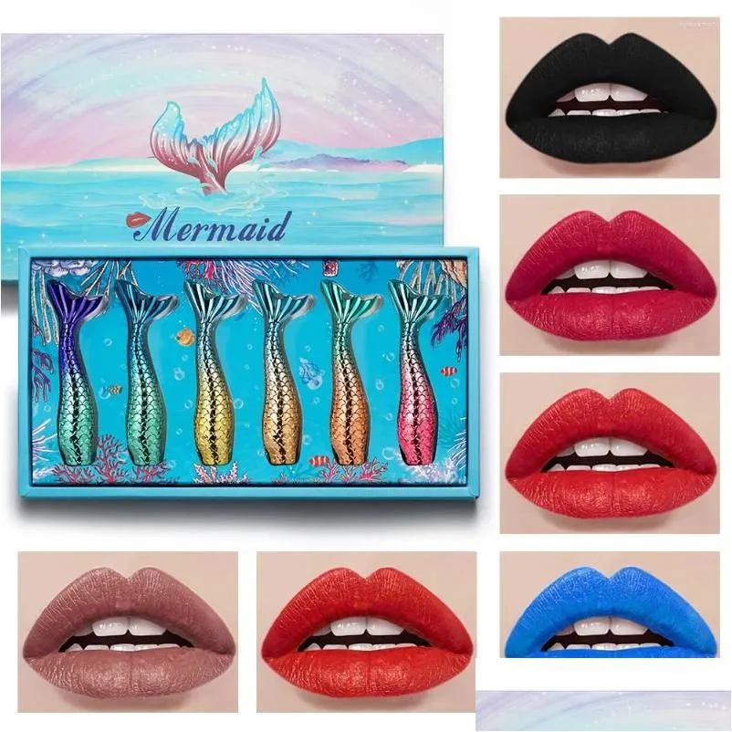 Läppglans 6Color Mermaid Set långvarig vattentät kompis Matt Glaze Liquid Lipstick Lips Cosmetic Makeup Present Drop Delivery DHSMC