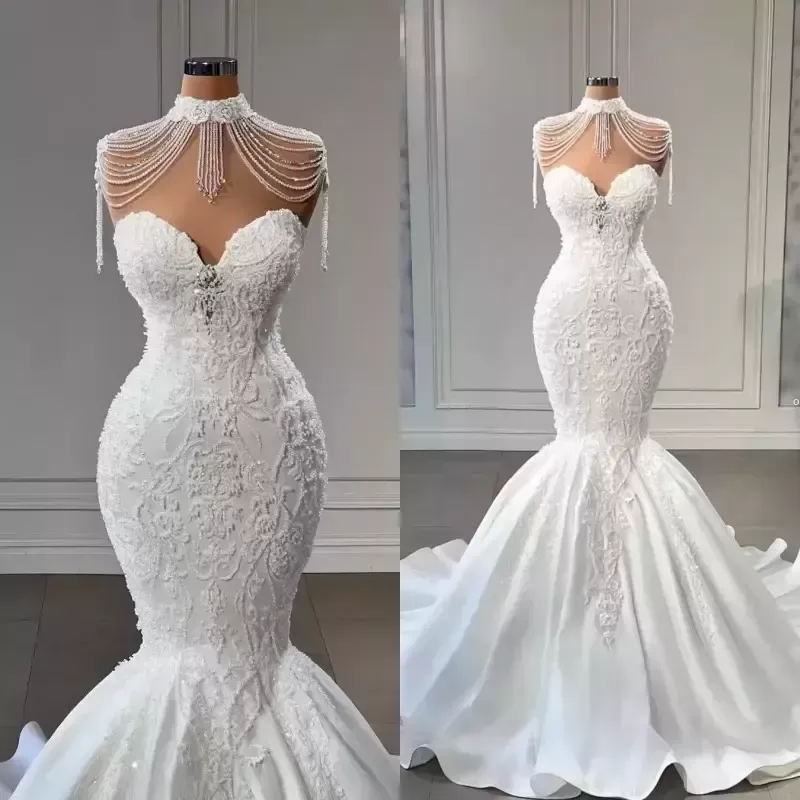 Magnifique robes de mariée sirène robe nuptiale de l'épaule décolleté en cœur perles de balayage