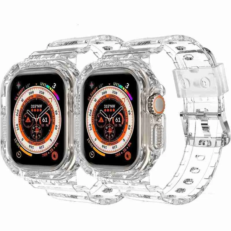 Designer Sport Clear Band -remmar med fodral för Apple Watch Series 7 8 Ultra 49mm Transparent Armor Silicone Cover Strap Iwatch 5 6 SE 40 41mm 44 45mm Designerzzerzzer