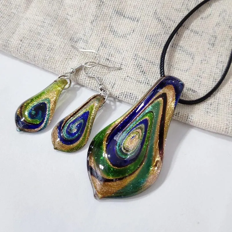 Ensemble de collier et boucles d'oreilles pour femmes, 1 ensemble, verre bleu foncé, pendentif en forme de feuille florale de Murano, articles de bijoux pour femmes