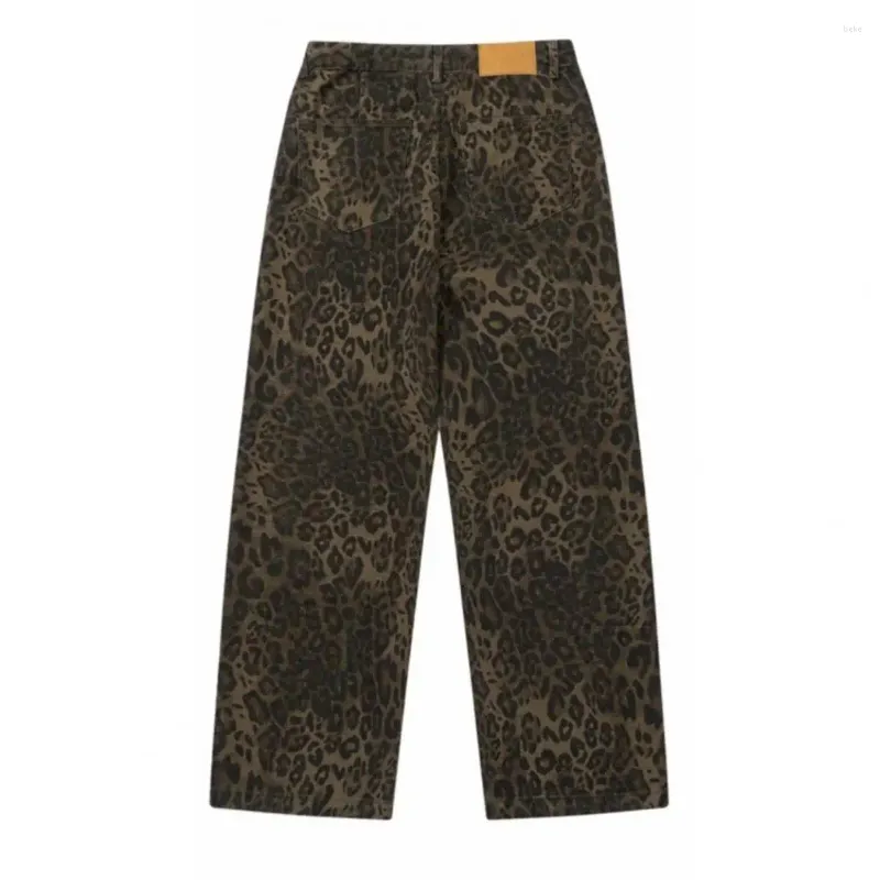 Women's Pants Unisex Leopard Print Hop Jeans with Wide Leg Button Zipper Closure Soft Streetwear Trousers for Young Adults