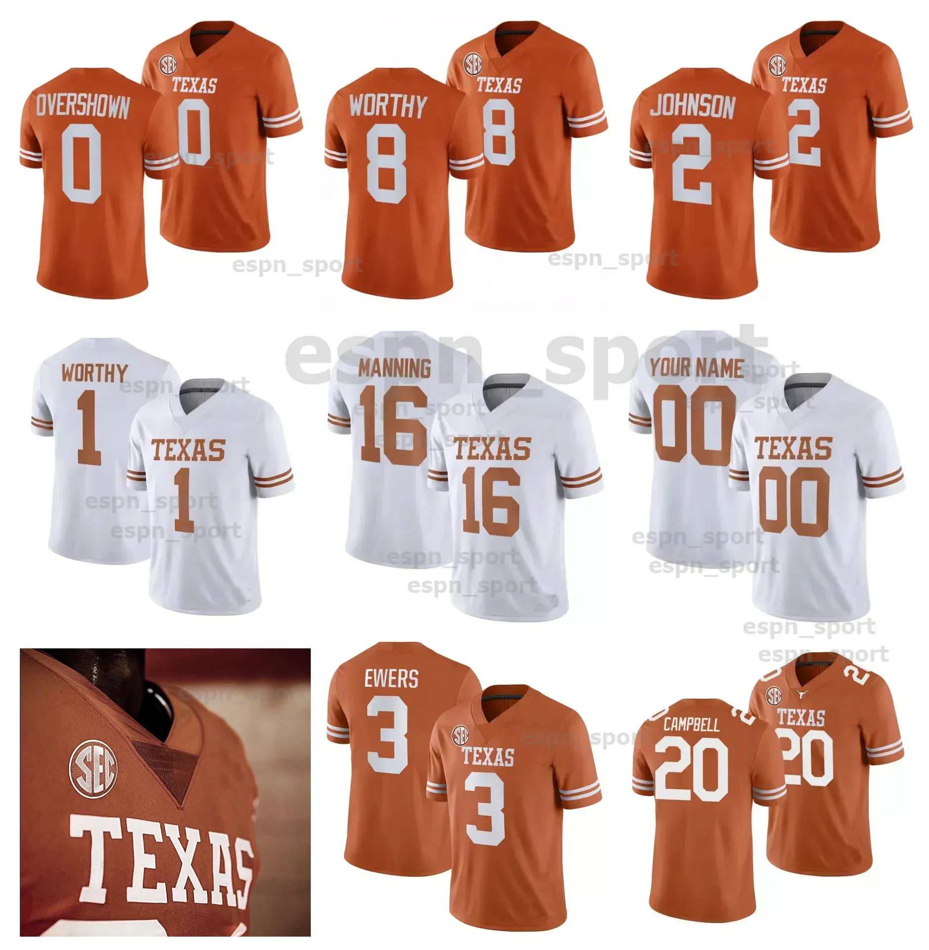 2024 Texas Longhorns Football Jersey Sec College Quinn Ewers Arch Manning Bijan Robinson Xavier Worthy Earl Campbell Brian Orakpo Earl Thomas Vince Young Williams