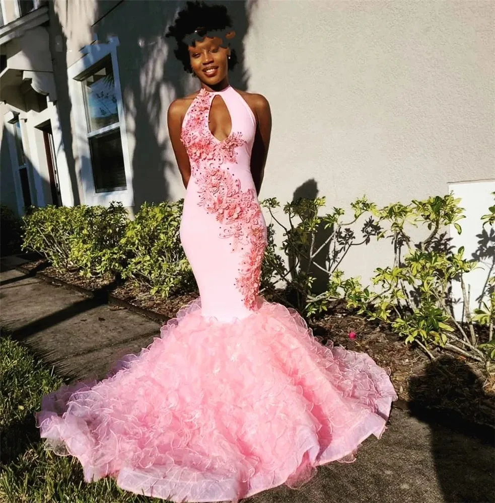 Pink High Neck Long Prom Dress For Black Girls Birthday Party Dresses Beaded Ruffles Evening Gowns Appliques Gown Robe De Bal 322