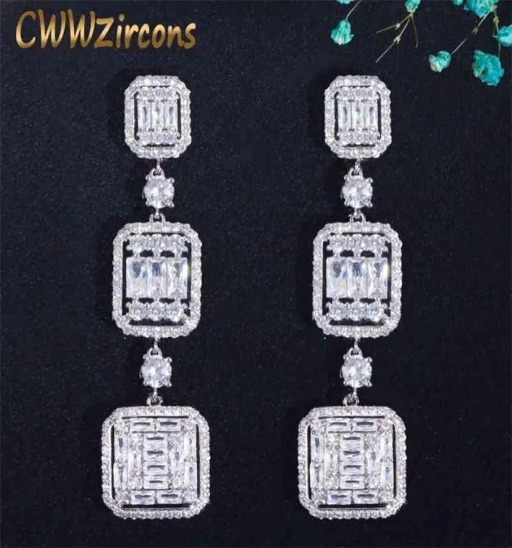 CWWZircons Very Shiny Square White Cubic Zirconia Topaz Silver Long Dangle Drop Engagement Party Earring Jewelry for Women CZ710 27662955