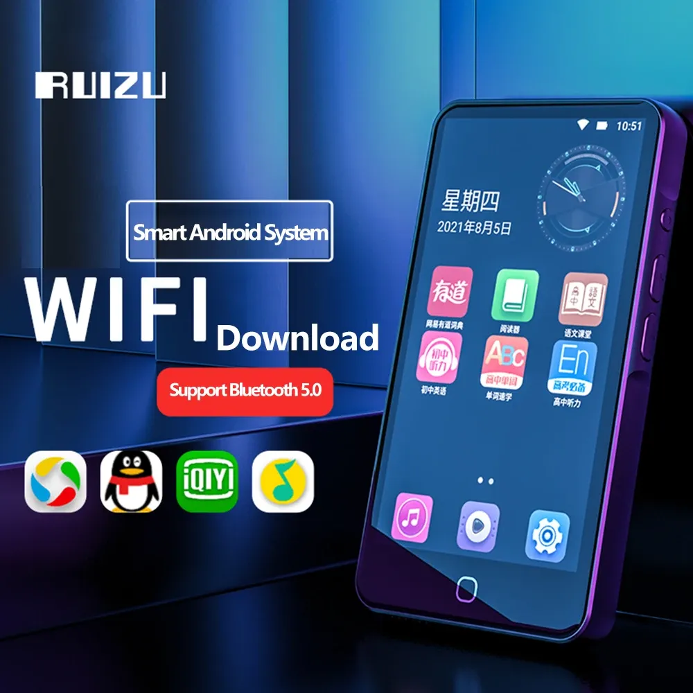 مشغل مشغل Ruizu H5 Android WiFi MP3 مع شاشة Bluetooth 5.0 لمس اللمس الكامل 16 جيجا بايت.