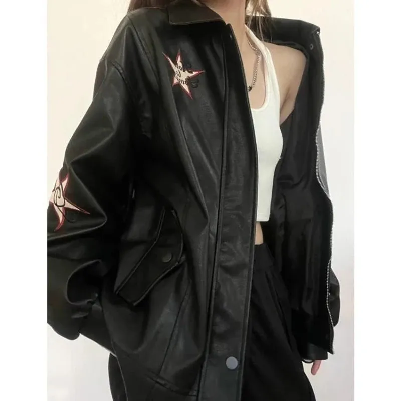 MEXZT Streetwear Pu Leather Jackets Women Oversized Embroidery Coat Harajuku Vintage Turn Down Collar Loose Casual Outwear Tops 240227