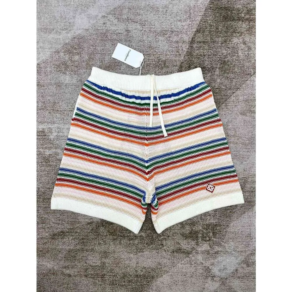 24SS Men's Shorts Casablanca Hollow Rainbow Stripe Knitted Breathable Beach Pants Drawstring Contrast Loose Stripe Casablanc Casual Shorts