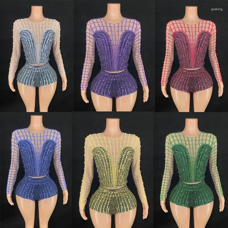 Stage Wear 6 couleurs Gogo Dance Outfit Full Strass Top Shorts Sexy Jazz Body Femmes Pole Costume Rave Vêtements XS7400