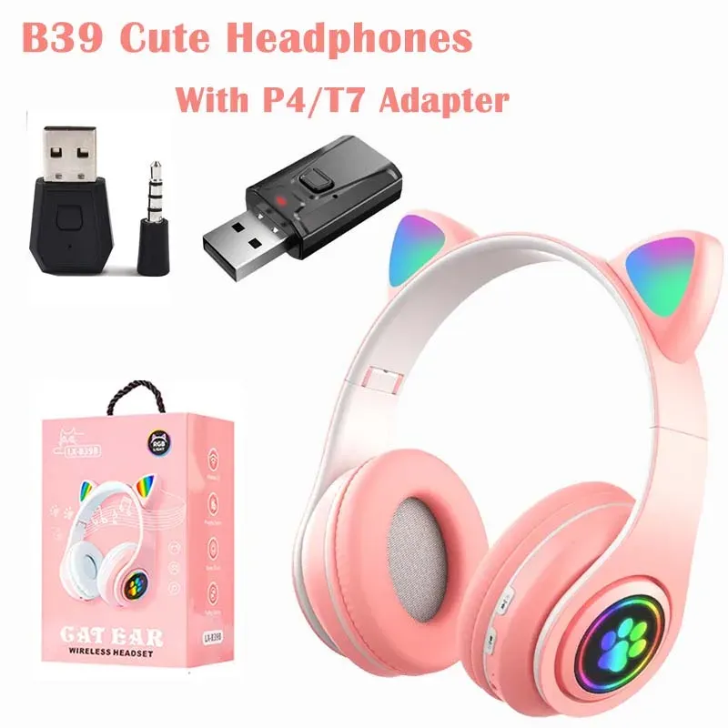 Headphones B39 Bluetooth 5.0 Wireless Headphones Cute Cat Ears HIFI Stereo Foldable Earphone with P4/T7 Adapter for Women Gifts Earbuds