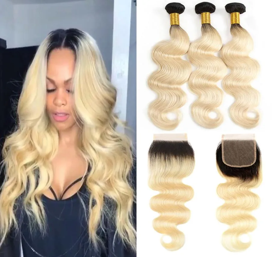 Body Wave Maleisisch menselijk haar 1B613 Ombre blondinebundels met sluiting Peruaans Braziliaans blond maagdelijk haar weeft met 44 kant4375818