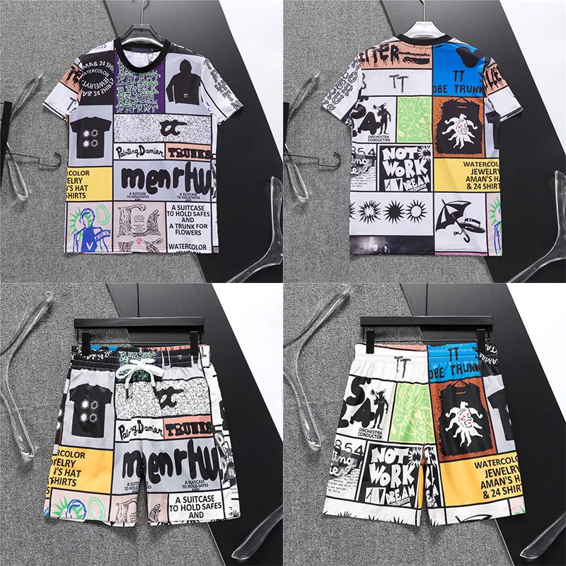 24ss Paris Allover Comics Print Tee Beach Tee Men Fashion Summer Streetwear T shirt Short Sleeve Tshirt Shorts Sets Tracksuit Trunks Sold Separately