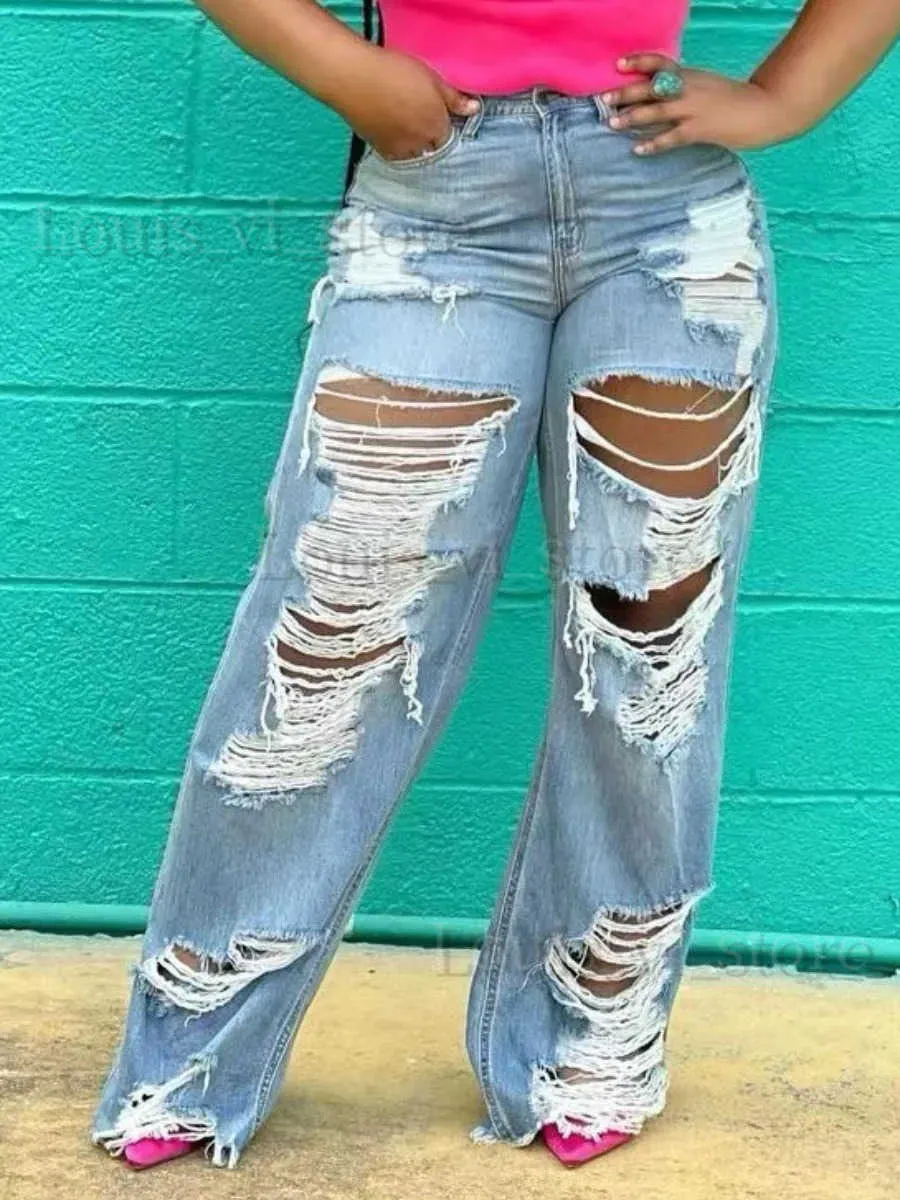 Women's Jeans LW Plus Size Stylish Broken Holes Baby Blue Jeans Medium Stretchy Zipper Fly summer Print Denim Street cut hole womens Jeans T240228