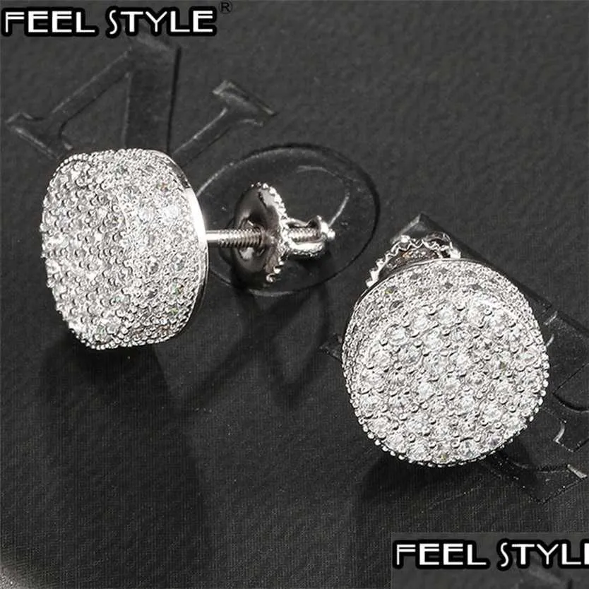 Jewelry Hip Hop 1Pair Micro Fl Paved Round Zircon Cz Stone Bling Iced Out Stud Earring Copper Earrings For Men Jewelry 220125 Drop Del Dhte8