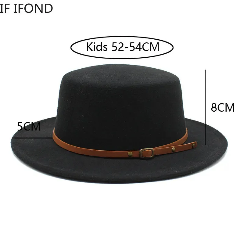 Liten storlek 52 54 cm brittisk stil barn fedora hattar pojke flickor barn platt topp filt jazz hatt formell festklänning cap 240219