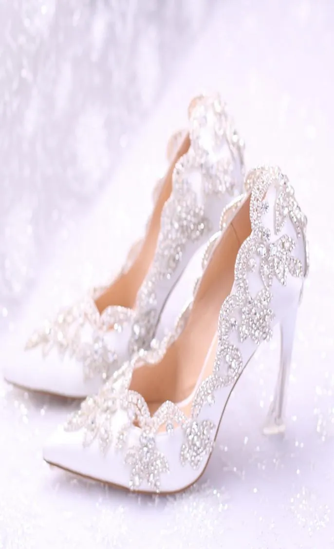 2018 elegantes zapatos de boda planos con perlas para novia, graduación, tacones altos de 9 CM, zapatos de novia de encaje con punta estrecha de talla grande 3152041