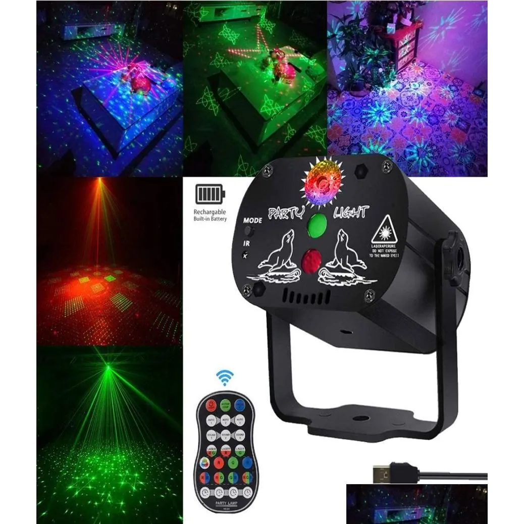 Лазерное освещение Dj Disco Stage Party Lights Звуковая активация Светодиодный проектор Функция времени с дистанционным управлением на Рождество Drop Deliver Dhxre