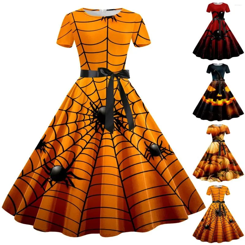 Abiti casual Donna Abito di Halloween Ragno Fantasia Zucca Stampa Manica corta A-Line Swing Festa serale Prom Abiti vintage anni '50