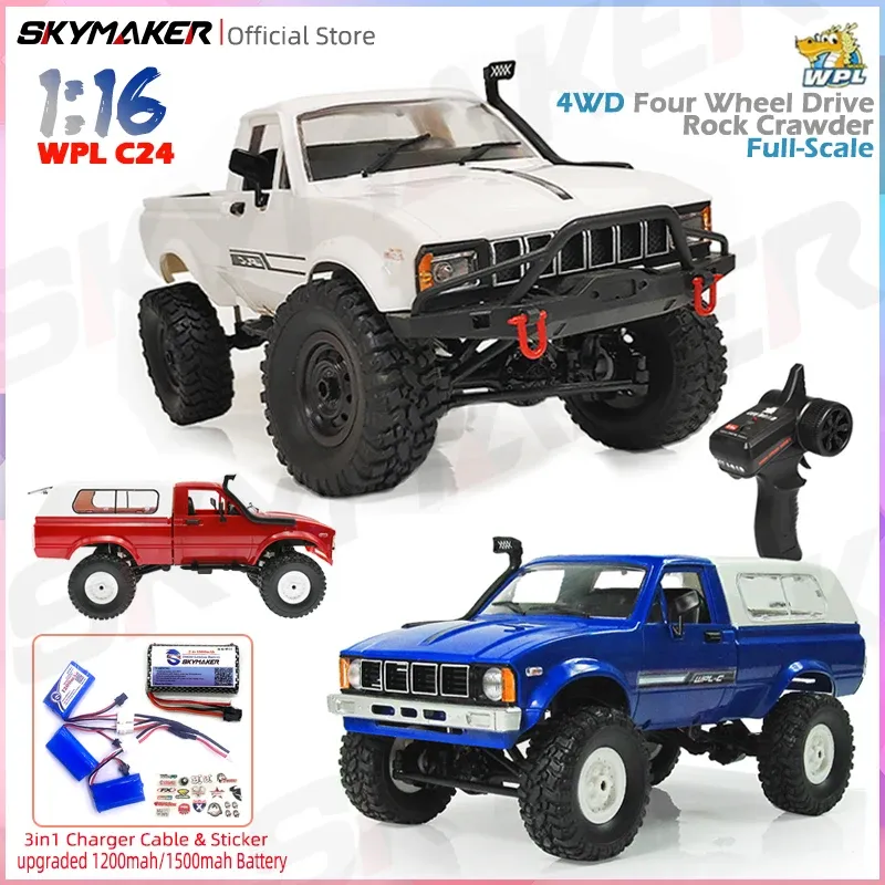 Voitures WPL C24 RC à grande échelle 2.4G 4WD, chenille de roche, Buggy électrique, camion d'escalade, lumière LED sur route 1/16, jouets cadeaux pour enfants