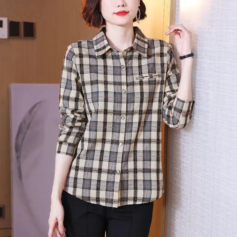 Frauen Blusen 2024 Frauen Plaid Tops Mode Casual Langarm Büro Dame Arbeit Shirts Weibliche Lose sitzende Blusas Bluse t168