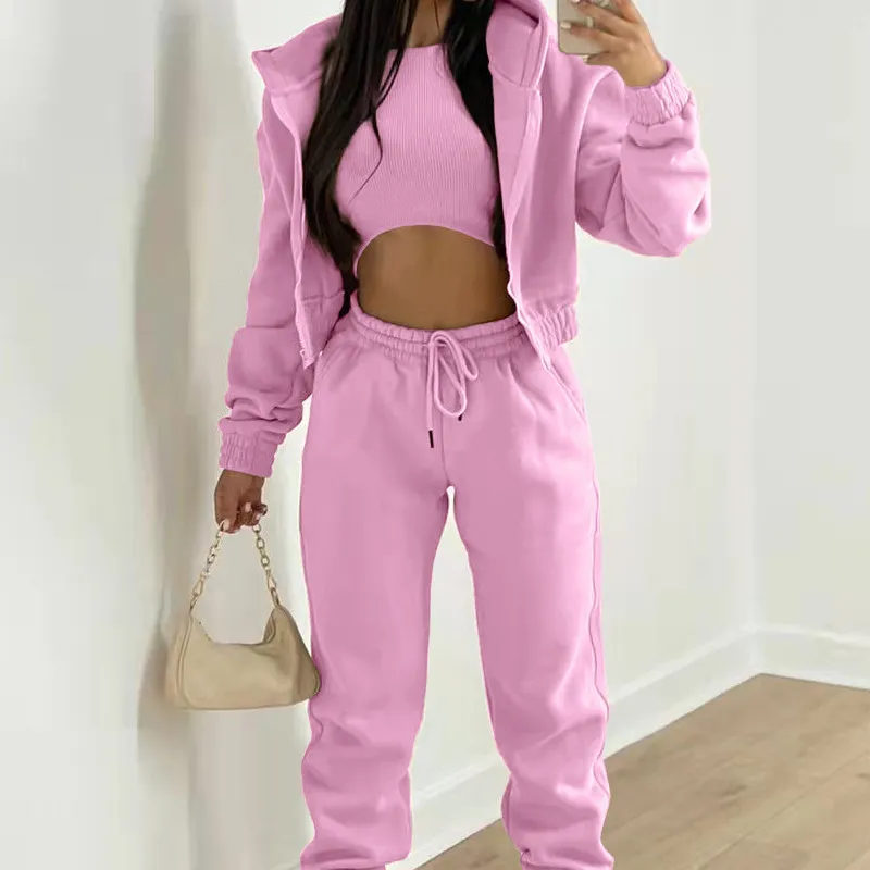 Women's Two Piece Pants Women 3 Piece Sets Casual Long Sleeve Zip HoodiesRibbed TankHigh Waist Sweatpants Jogger Pant Suits Sporty Three Pieces Outfit