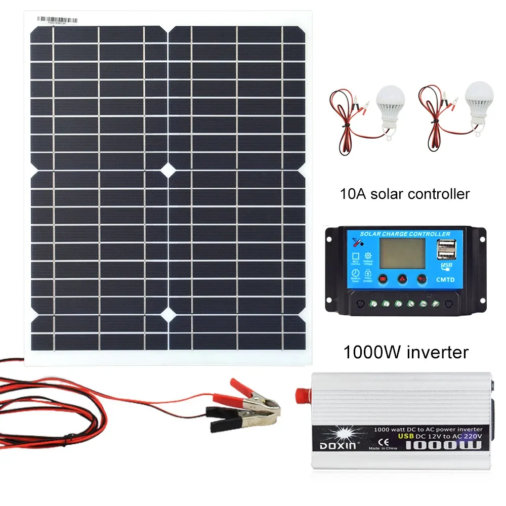 Panneau solaire en silicium monocristallin 20W 18V, onduleur 1000W 12V/24V à 220V/110V + PWM 10A, contrôleur de Charge, Kit de chargeur de batterie