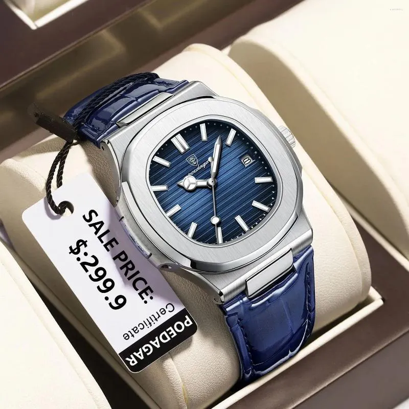 Wristwatches POEDAGAR Luxury Man Wristwatch Waterproof Luminous Date Leather Men's Watches Sports Square Men Watch Casual Quartz Male Clocks