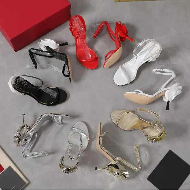 女性ローゼルーシュサンダル1959カルフスキン100mmシューズファッション彫刻ハイヒール3D効果フラワーサブダルプラスチック材料靴サイズ35-41