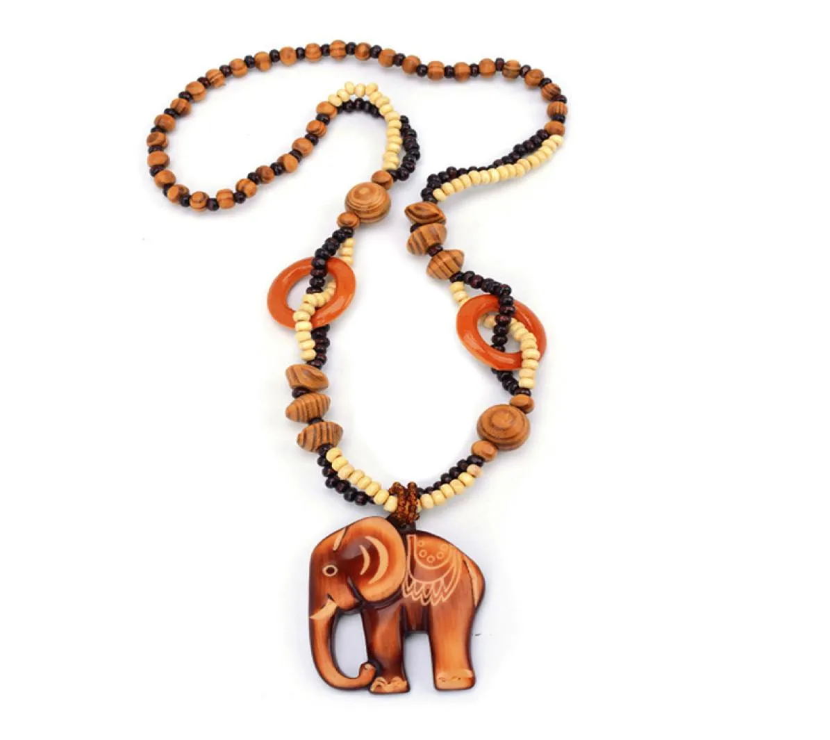 Ny 2020 Boho Ethnic Jewelry Long Hand Made Bead Wood Elephant Pendant Maxi Halsband för kvinnor hela repkedjan trendy9808170