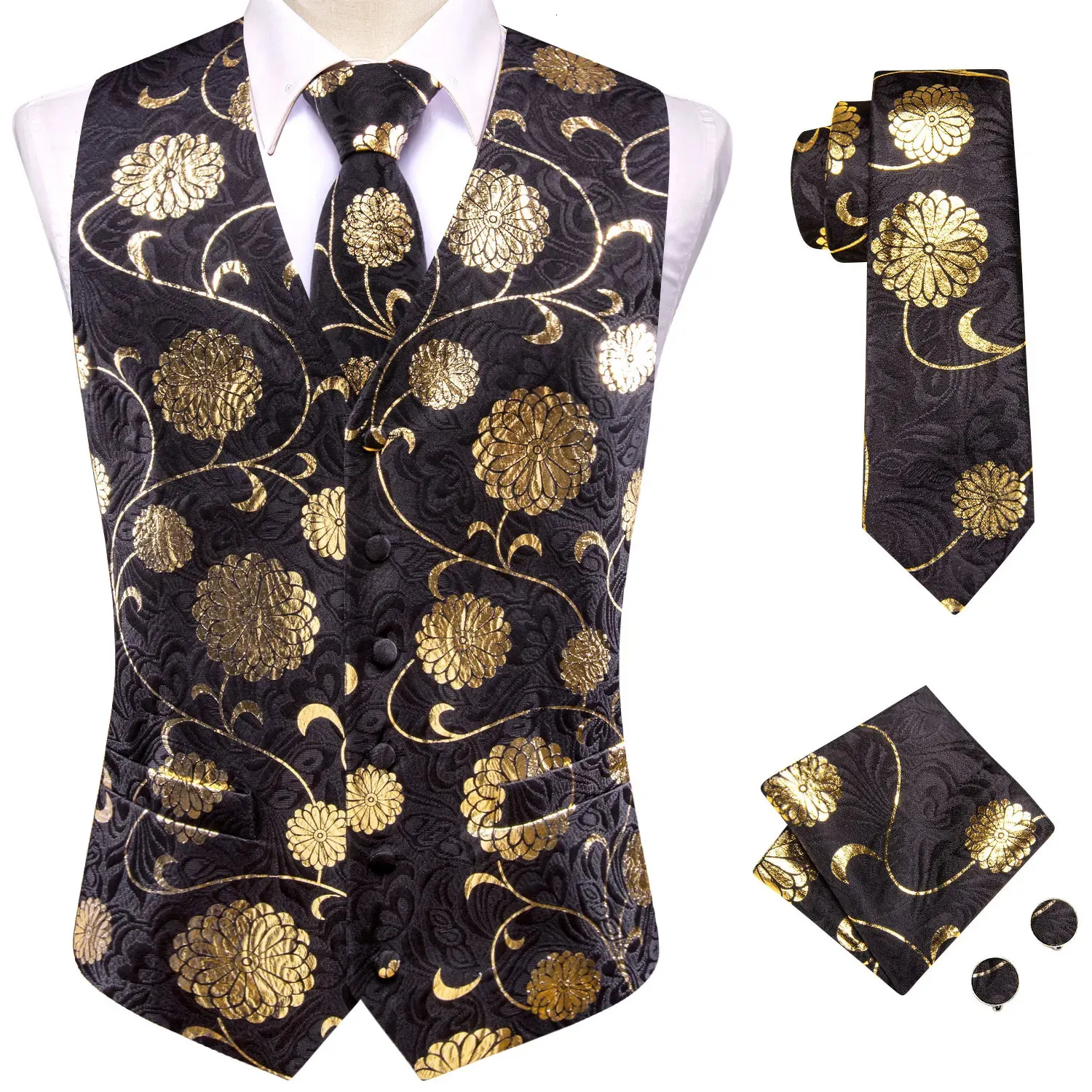 Gilets de luxe pour hommes en soie Paisley noir or cravate mouchoir boutons de manchette costume sans manches gilet ensembles Business Designer HiTie 240228