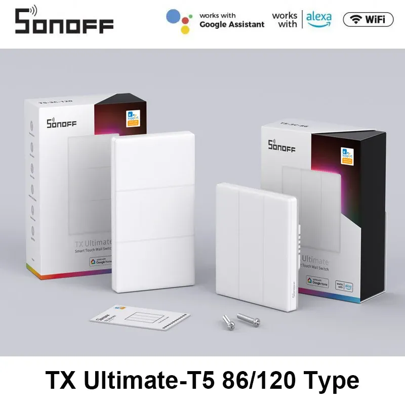 Contrôle Sonoff T5 WiFi Smart Mur Interrupteur 120 Type Full Touch Access LED LED Multisensory Ewelink Remote Control via Alexa Google TX