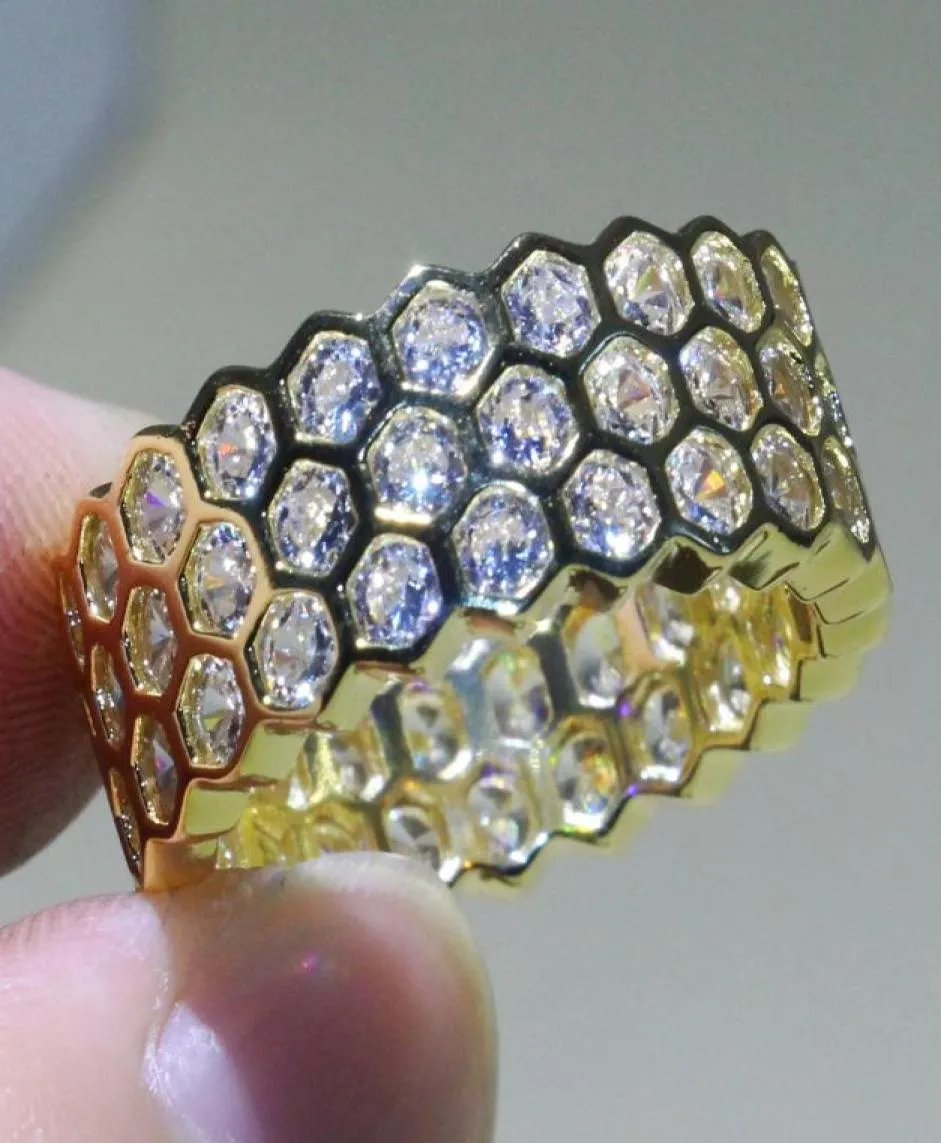 Hexagon geometriska ringar 925 Silvergold Fill Luxury Jewelry Net White Topaz Cz Diamond Eternity Circle Wedding Band Ring for Women9032076