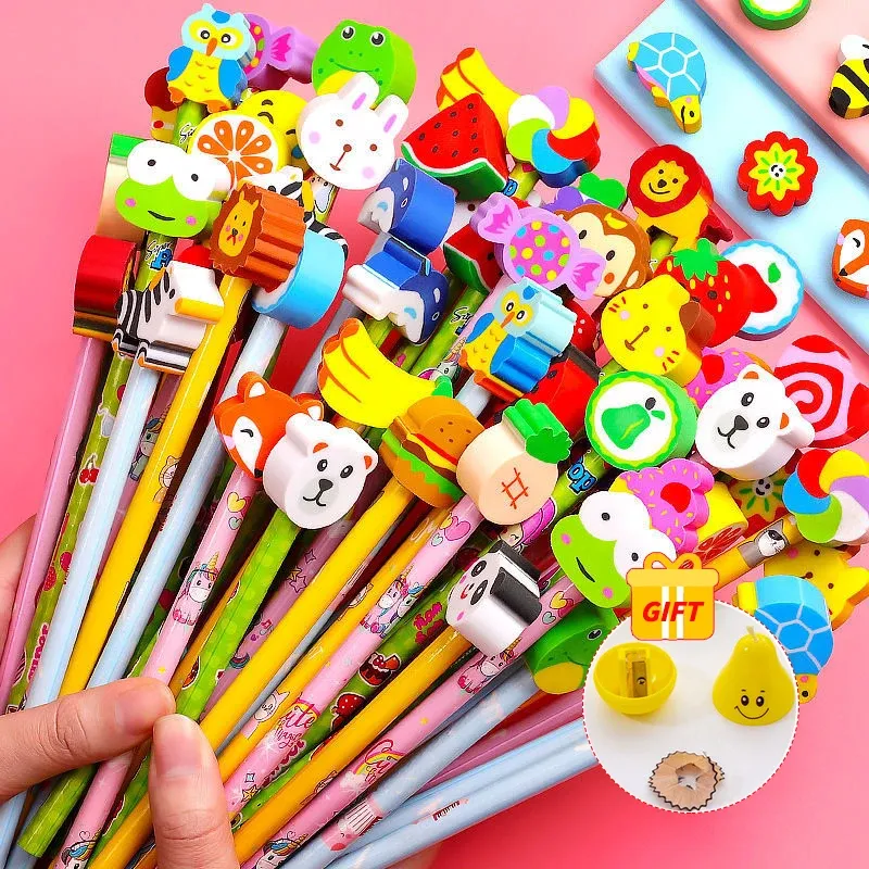 Pens 20pcs/lot Cute Cartoon Hb Pencils with Kawaii Eraser Head for Children's Stationery Kids Drawing Writing Pen School Supplies
