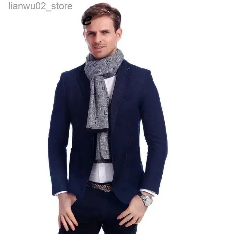 Шарфы Дизайнерский бренд серебристо-серый зимний деловой мужской шарф мягкий полосатый клейкий смешанный шарф A3A18900 Q240228