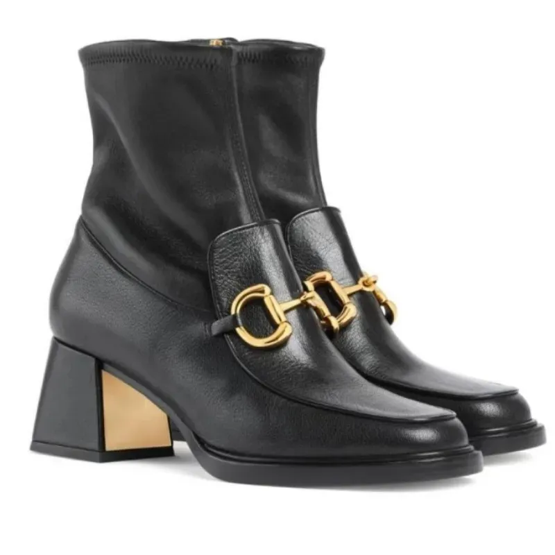 Kobiety designerskie buty przycisk Dekoracyjne krótkie buty czarne buty na wysokim obcasie Wysokiej jakości prawdziwe skórzane buty bojowe zima i platforma dla damskich